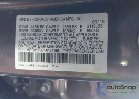 2019 Honda Accord Sport z USA, uszkodzony, nr VIN 1HGCV1F30KA174199
